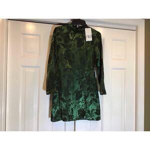 Zara NWT Green Satin Dress LS Slit Mini Sz M Event Asian Fairy Feminine (New$59)
